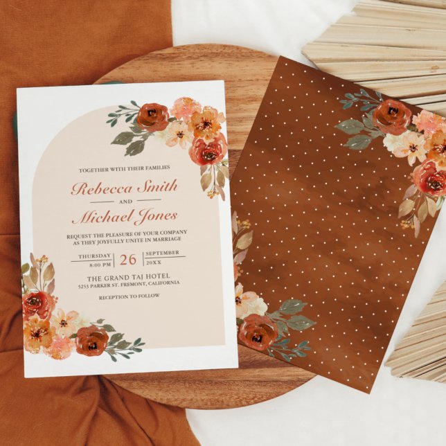 Rustic Earthy Burnt Orange Floral Arch Wedding Invitation (Creator Uploaded)