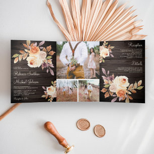 Rustic Earthy Dusty Peach Floral Barn Wood Wedding Tri-Fold Invitation