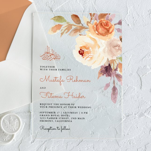 Rustic Earthy Floral Bouquet Islamic Wedding Acrylic Invitations (Creator Uploaded)