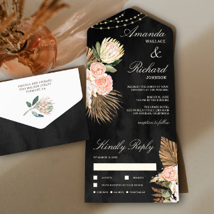 Rustic Earthy Floral Palm Protea Black Wedding All In One Invitation