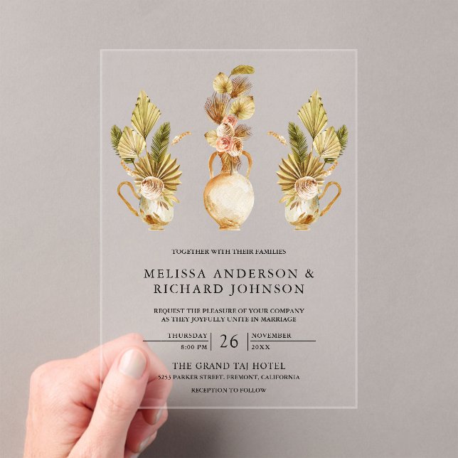 Rustic Earthy Floral Pots Dried Boho Palm Wedding Acrylic Invitations (Insitu (Handheld))