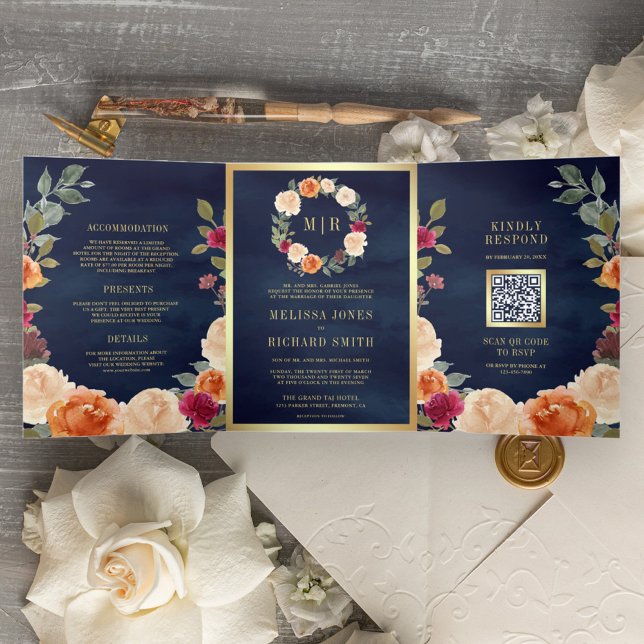 Rustic Earthy Floral Wreath QR Code Navy Wedding Tri-Fold Invitation (Creator Uploaded)