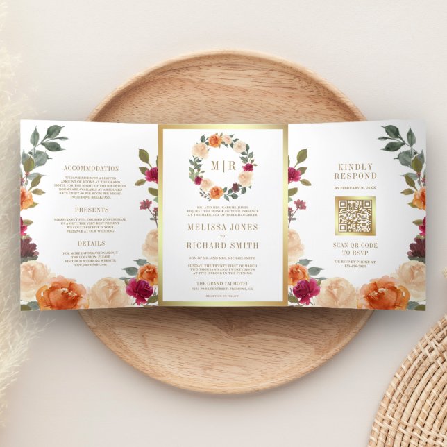 Rustic Earthy Floral Wreath QR Code Wedding Tri-Fold Invitation (Creator Uploaded)