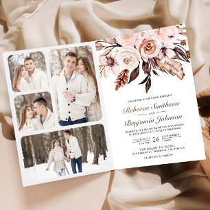 Rustic Earthy Ivory Floral QR Code Wedding Invitation