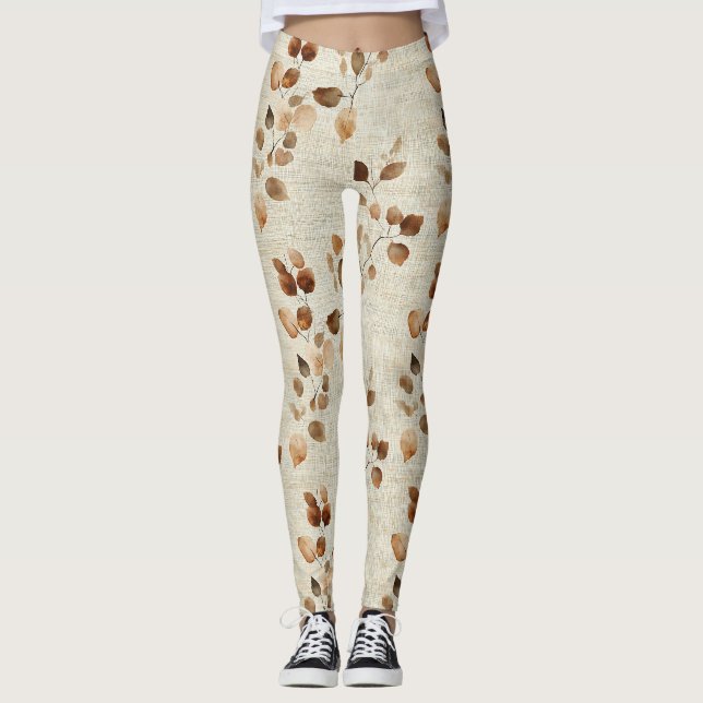 Rustic Earthy Leaves and Twigs Nature Pattern Leggings (Front)