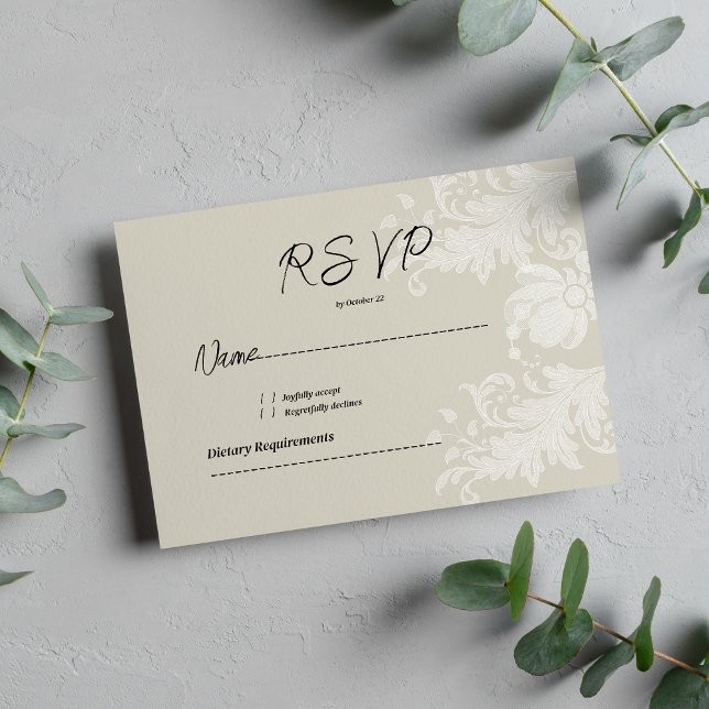 Rustic earthy neutral white floral lace RSVP Invitation (Rustic earthy neutral white floral lace RSVP)