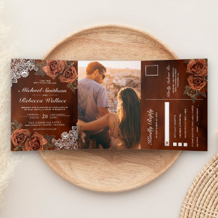 Rustic Earthy Orange Dusty Terracotta Rose Wedding Tri-Fold Invitation