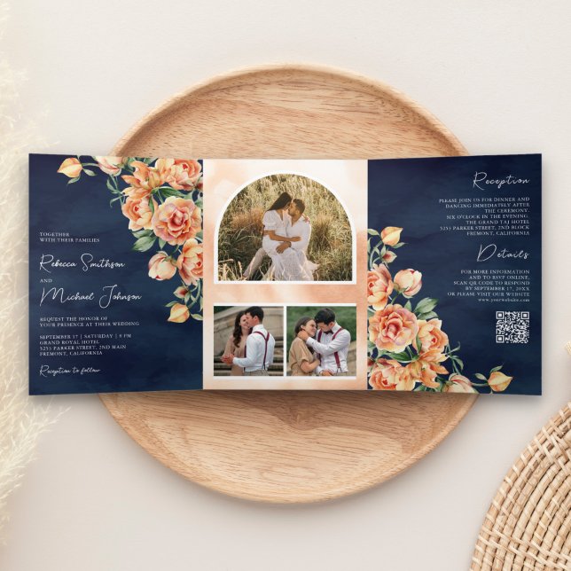 Rustic Earthy Peach Floral QR Code Navy Wedding Tri-Fold Invitation (Creator Uploaded)