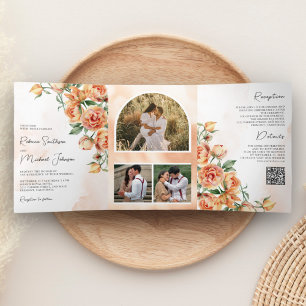 Rustic Earthy Peach Floral QR Code Wedding Tri-Fold Invitation