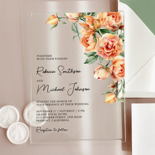 Rustic Earthy Peach Floral Wedding Acrylic Invitations (Creator Uploaded)