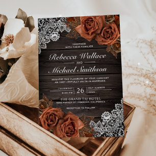 Rustic Earthy Wood Dusty Terracotta Rose Wedding Invitation