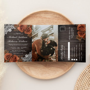 Rustic Earthy Wood Dusty Terracotta Rose Wedding Tri-Fold Invitation