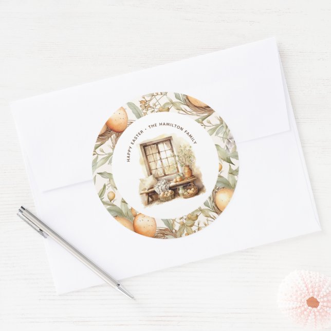 Rustic Easter Beige Personalised Classic Round Sticker (Envelope)
