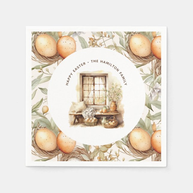 Rustic Easter Beige Personalised Family Name Napkin (Front)