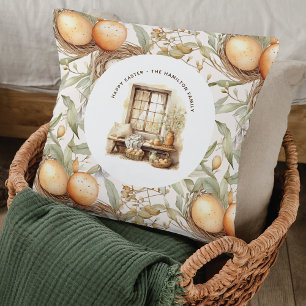 Rustic Easter Beige Watercolor Family Name Cushion
