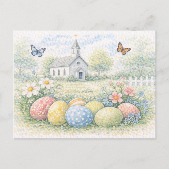 Rustic Easter Church Watercolor Postcard (Front)