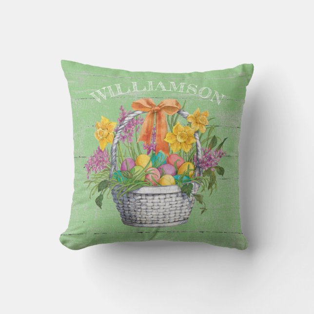 Rustic Easter Eggs Floral Basket on Green Cushion (Front)