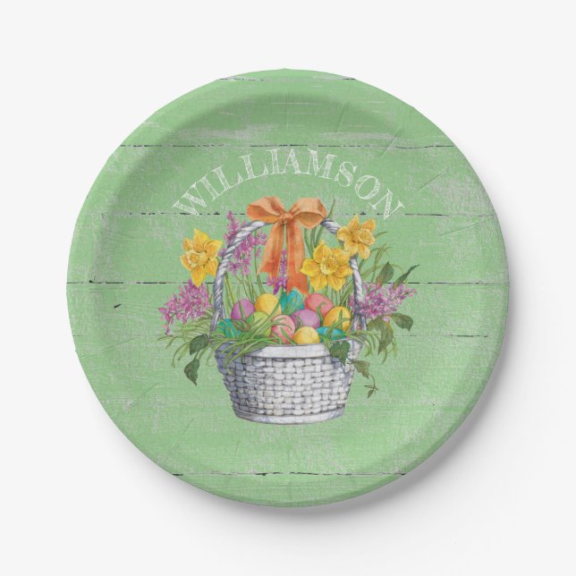 Rustic Easter Eggs Floral Basket on Green Paper Plate (Front)