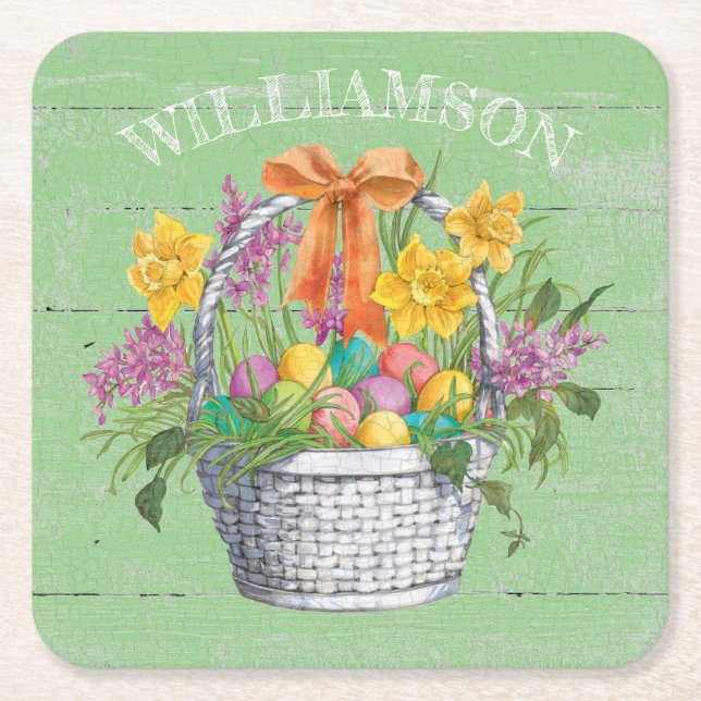Rustic Easter Eggs Floral Basket on Green Square Paper Coaster (Front)