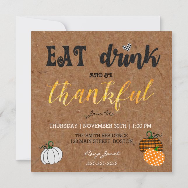 Rustic Eat And Drink Thanksgiving Dinner Party Invitation (Front)