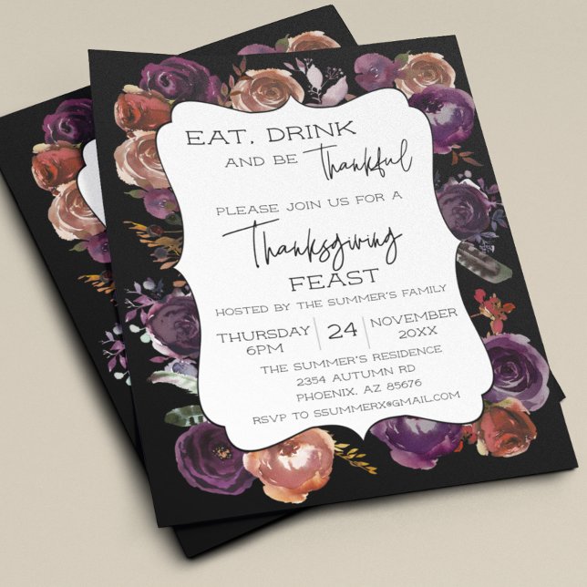 Rustic Eat Drink Thankful Thanksgiving Floral Rose Flyer (Creator Uploaded)