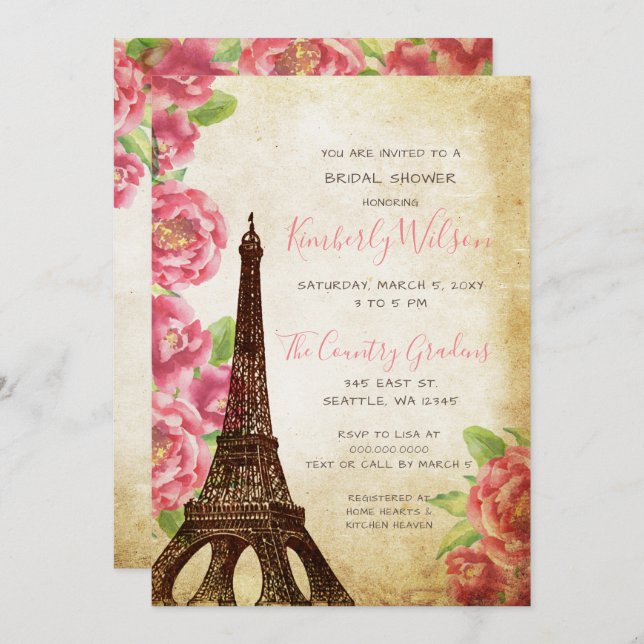 Rustic Eiffel Tower Paris French Bridal Shower Invitation (Front/Back)