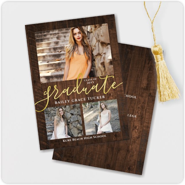 Rustic Elegance 3-Photo Collage Graduation Announcement (Creator Uploaded)