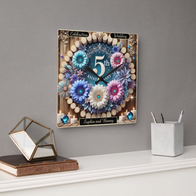 Rustic Elegance: 5th Anniversary Floral Tribute Square Wall Clock (Office)