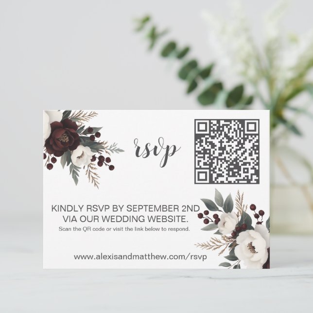 Rustic Elegance Burgundy Floral RSVP Card (Standing Front)