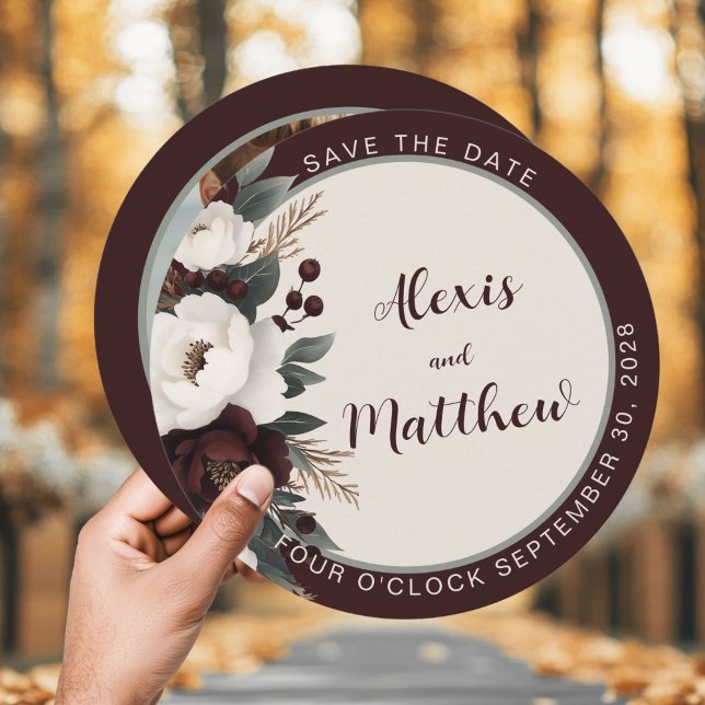 Rustic Elegance Burgundy Floral Save The Date (Rustic Charm Save The Date Burgundy Boho Elegance Modern Round Invite)