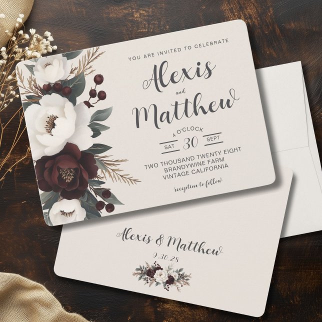 Rustic Elegance Burgundy Floral Wedding  Invitation (Rustic Elegance Wedding Invitation, Country Fall, Shabby Chic Burgundy and Mocha)