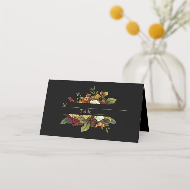 Rustic Elegance Floral Bouquet Wedding Black Place Card (Front)