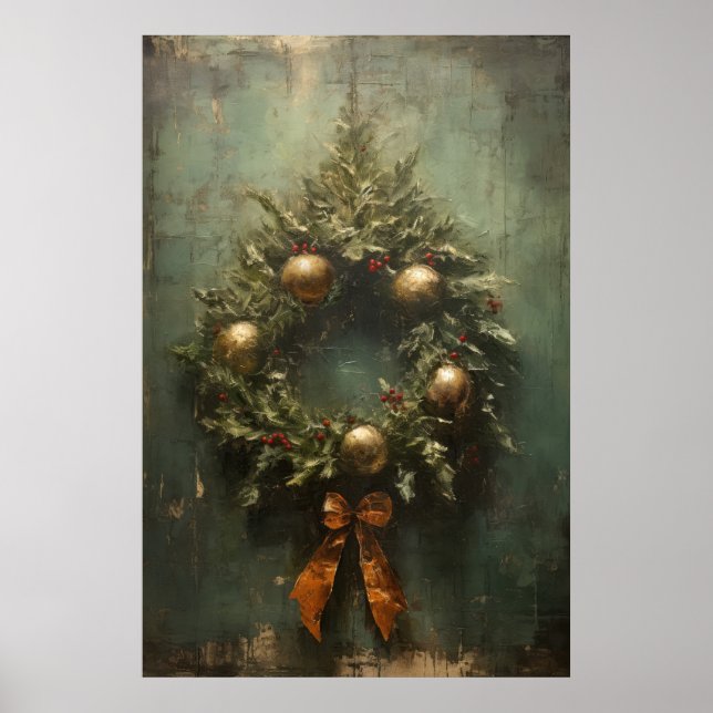 Rustic Elegance Green and Gold Christmas Wreath Poster (Front)