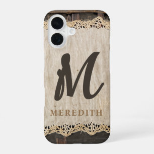 Rustic Elegance Monogram Burlap Lace Barnwood iPhone 16 Case