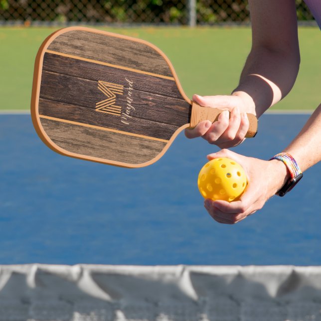 Rustic Elegance Monogram Wood Texture Pickleball Paddle (Insitu)