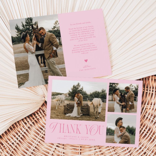 Rustic Elegance Photo Collage Wedding Pink Thank You Card (Creator Uploaded)