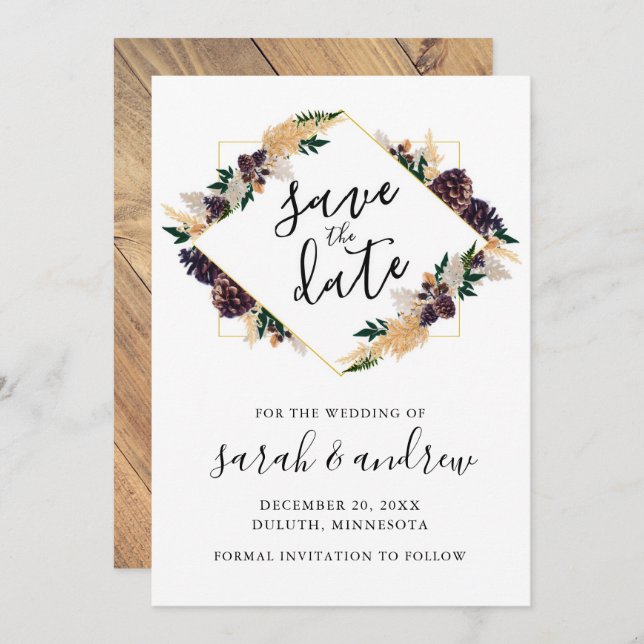 Rustic Elegance Pine Cone Greenery Save the Date (Front/Back)