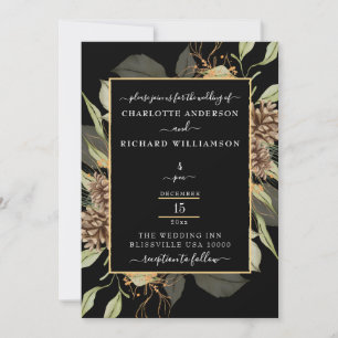 Rustic Elegance, Pinecone Frame on Black Invitation