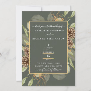 Rustic Elegance, Pinecone Frame on Moss Green Invitation