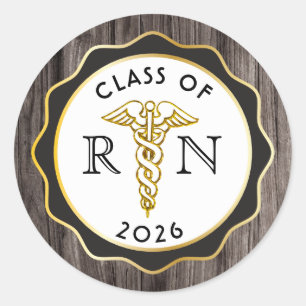 Rustic Elegance RN Caduceus Black   Gold Wood Classic Round Sticker