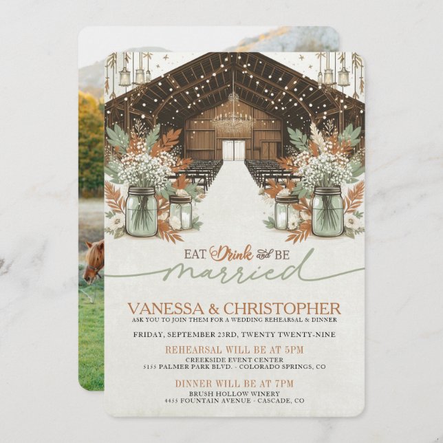 Rustic Elegance Wedding Rehearsal Invitation (Front/Back)