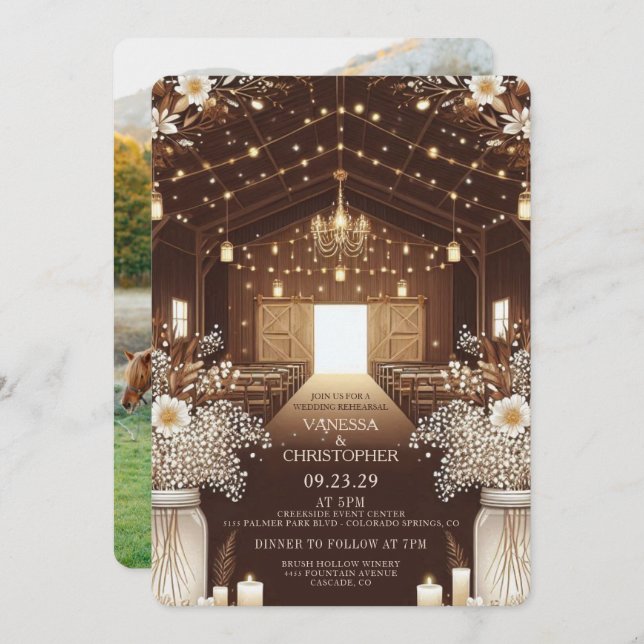 Rustic Elegance Wedding Rehearsal Invitation (Front/Back)