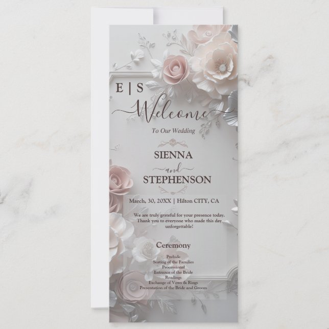 Rustic Elegant 3D Floral Photo  Wedding Program (Front)