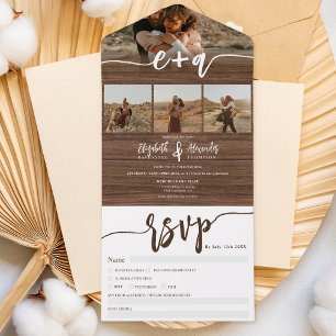 Rustic Elegant 4 Photos brown wood script wedding All In One Invitation