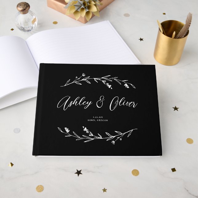 Rustic Elegant Black Wildflowers Wedding Guest Book (Front Open)