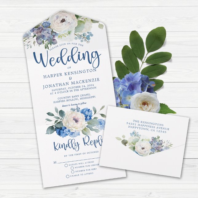 Rustic Elegant Blue Floral Wedding All In One Invitation (Creator Uploaded)