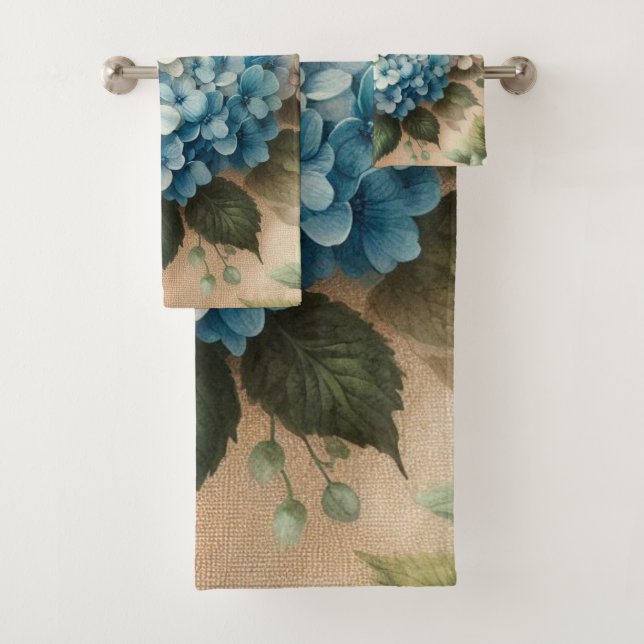 Rustic Elegant Blue Hydrangea Floral  Bath Towel Set (Insitu)