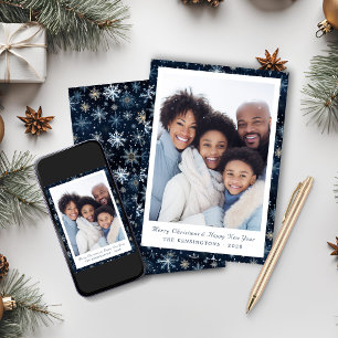 Rustic Elegant Blue Snowflakes Holiday Photo Card