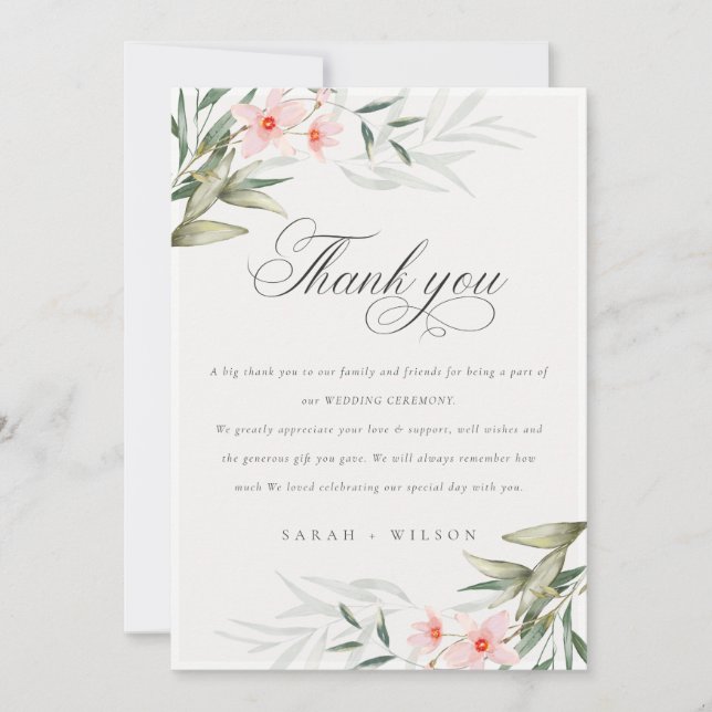 Rustic Elegant Blush Greenery Floral Wedding Thank You Card (Front)