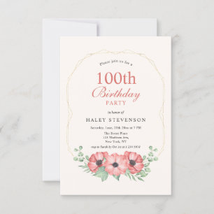 Rustic Elegant Blush Pink Floral 100th Birthday Invitation